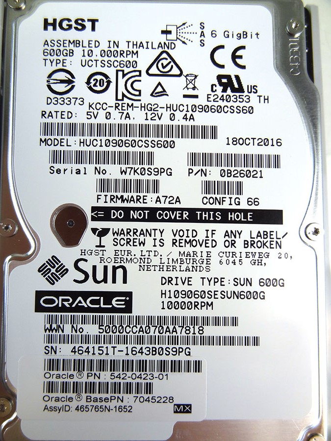 SUN 542-0423 600GB - 10000 RPM SAS SFF Disk - 7045228, 7064135