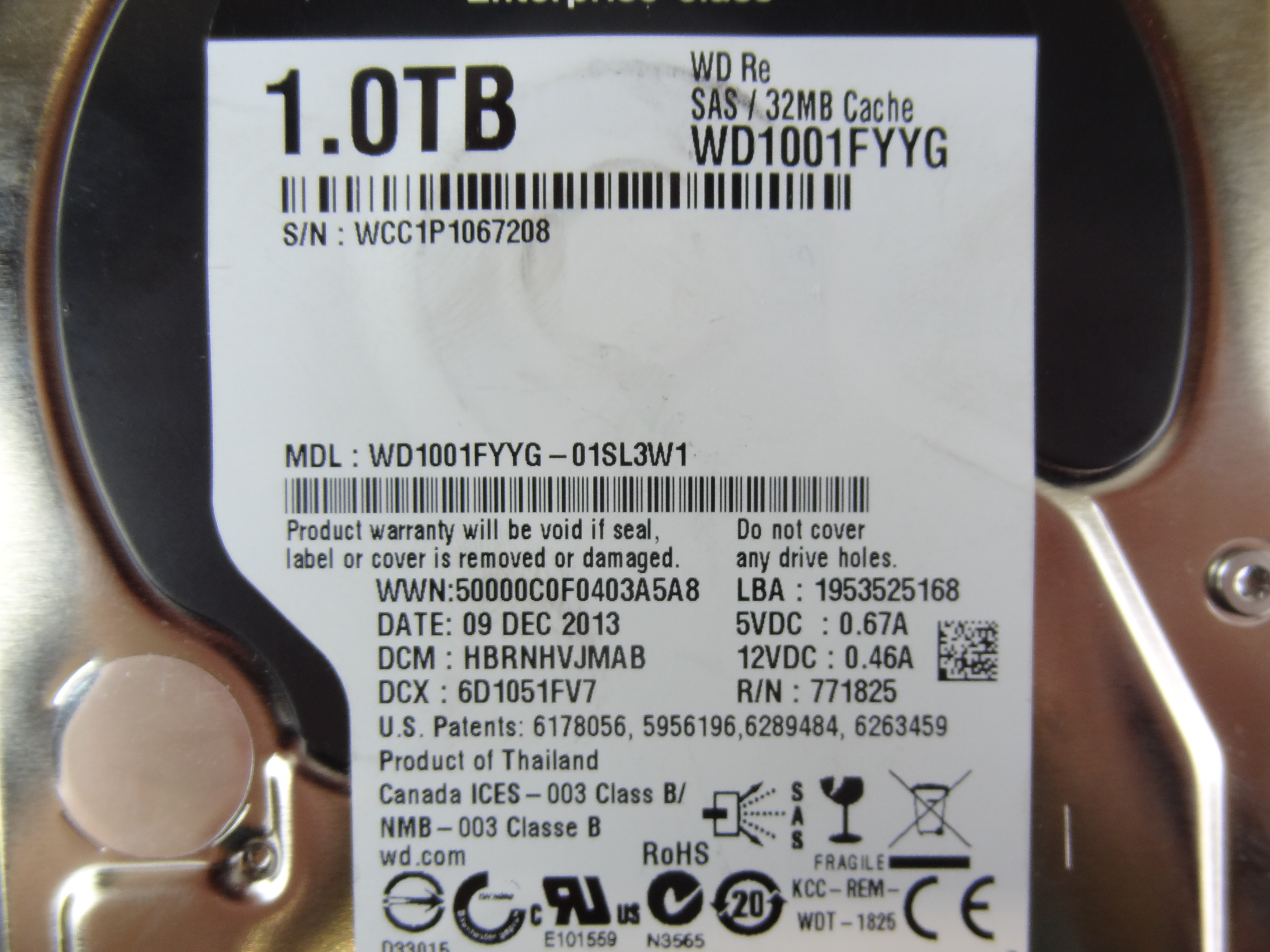 WD WD1001FYYG-01SL3W1 1TB 6GB S 32MB 3.5IN 7200RPM HDD