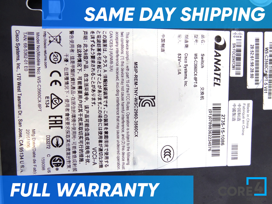 CISCO WS-C3560CX-8PT-S 3560-CX PD PSE SWITCH 8 GE POE+, US